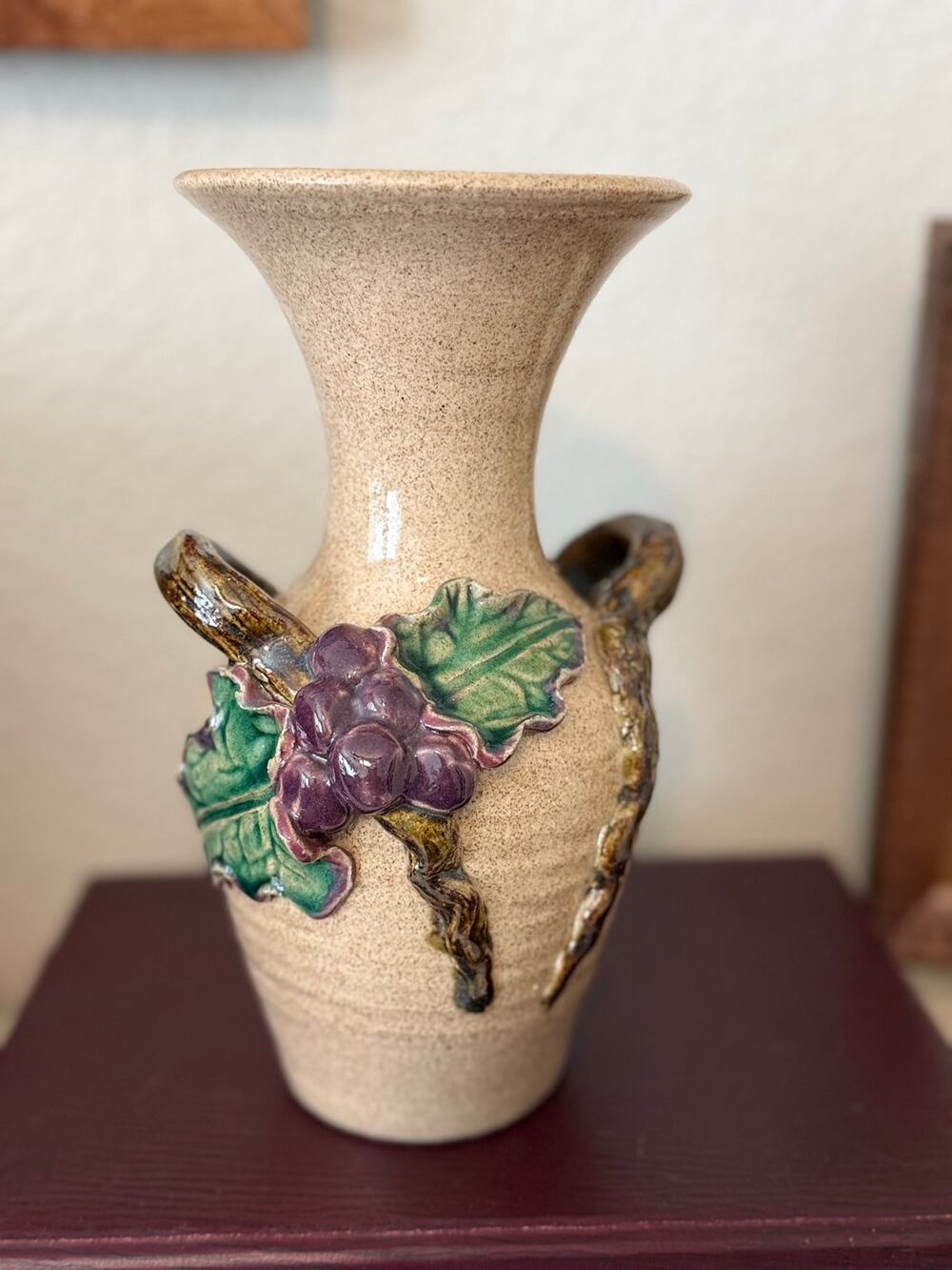 Vintage Jana Kozon-Kausalik Studio Art Pottery Vase Grapes Vines Signed 9”